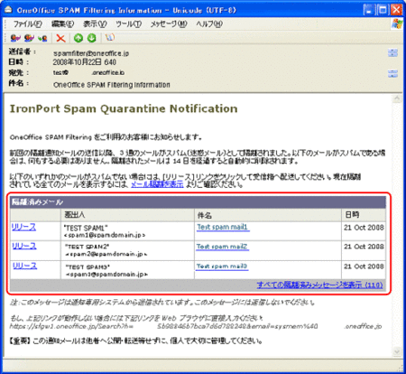 隔離通知メールの本文